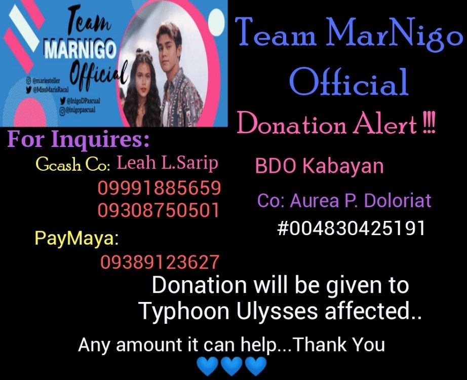 Patuloy po kami tumatanggap ng Donation para sa Bagyong #Rolly and #Ulysses sa mga gusto po mag donate just DM the MarNigo Offical @MarNigoTheOFC @MaylaOcson <a href="/labayo_lea/">Lea Isabel 💙💎INIGONATICS💎💙</a>

Here's the details
