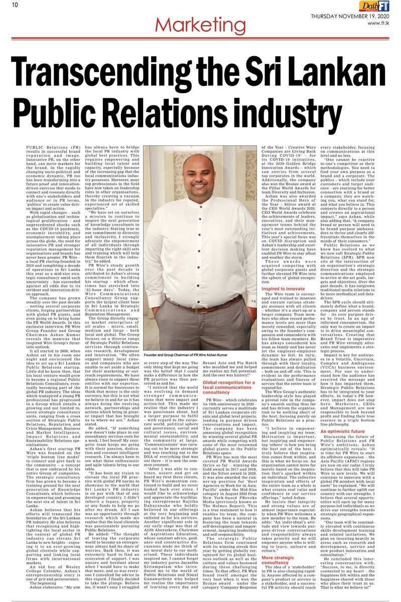 PRWIRESL's tweet photo. Today's Daily FT features a story which began a decade ago with the aim of bridging the local PR industry with global best practices, has grown to become a regional #Public #Relations #Consultancy, eventually becoming part of the global #PR #industry https://t.co/oaFh1Nh23B  
👉 https://t.co/fOaxEVLrRn