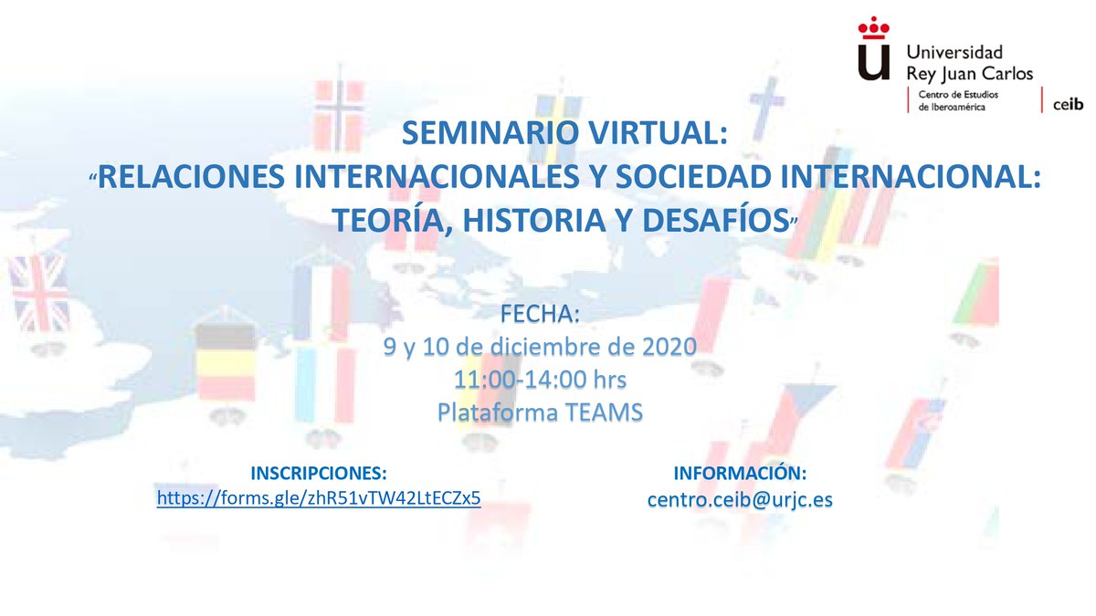 El próximo 9 y 10 de diciembre llevaremos a cabo el Seminario: "Relaciones Internacionales y sociedad internacional: Teoría, Historia y Desafíos"

El link de inscripción ➡️ docs.google.com/forms/d/e/1FAI…

Para cualquier duda: centro.ceib@urjc.es