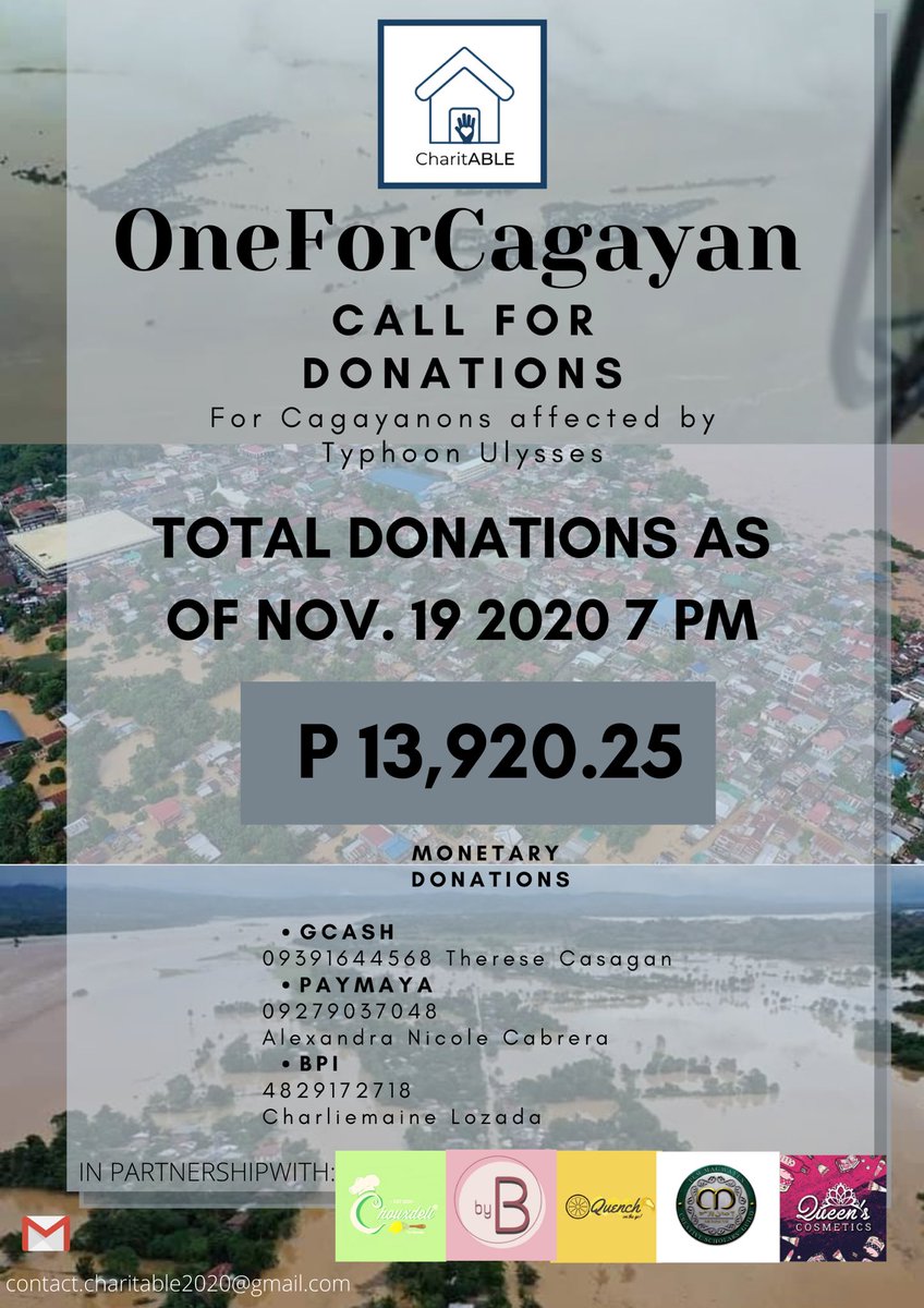 CharitABLE2020's tweet photo. DAILY UPDATE: Day 4

Our collective efforts have generated a total of PHP 13,920.25 as of 11/19/20 7PM.

Thank you for your continued support and compassion to help! Your donations are greatly appreciated. Keep donating through the following accounts

#CagayanNeedsHelp
#UlyssesPH https://t.co/yTdnX4qbrZ