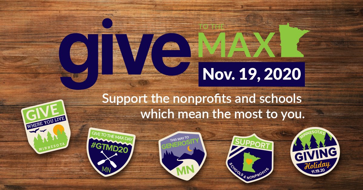 givemn's tweet photo. It's Give to the Max Day! All day, people from around the world will be supporting Minnesota organizations with an average of more than one donation every second. Join in on the fun and help your favorite cause win part of the prize pool at https://t.co/YtpoyVWPq4! #GTMD20 https://t.co/BAin4COKq3