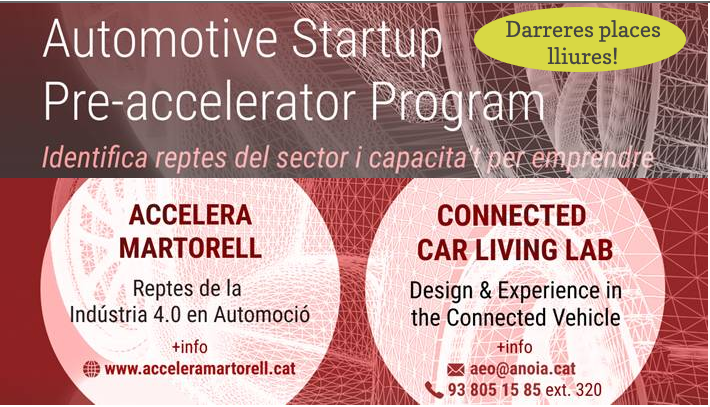 EEBE_UPC's tweet photo. 🏎️2a edició Programa per a la preacceleració d’empreses d’inici del sector de l’automoció  a través de reptes de la indústria 4.0 en el sector de l’automoció. @AjuntaMartorell @ConsellAnoia Informació i Inscripcions https://t.co/chipdY7IRn DARRERES PLACES LLIURES!
@EEBE_UPC https://t.co/GjwYMqRVi4