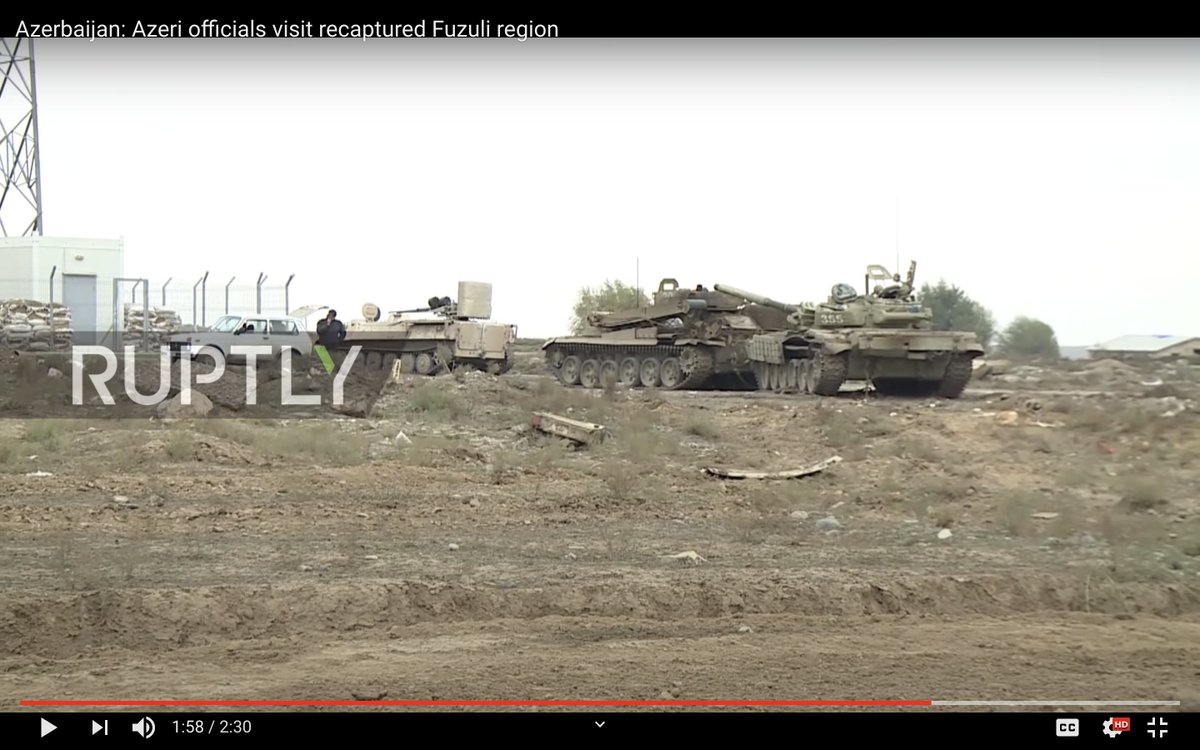 5. RUPTLY also on the Fuzuli trip 18/11 show a damaged Azeri T-72 Aslan #355 recovered by a BREM-1 (possibly something behind it). Also a MT-LB with a Zastava M55 AA gun. Unclear if Azeris (note sand colours) originally run these or this captured from NKR. 