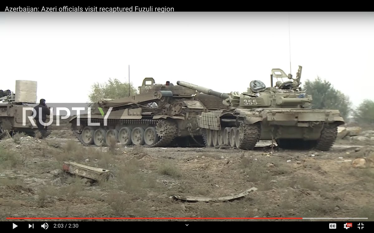 5. RUPTLY also on the Fuzuli trip 18/11 show a damaged Azeri T-72 Aslan #355 recovered by a BREM-1 (possibly something behind it). Also a MT-LB with a Zastava M55 AA gun. Unclear if Azeris (note sand colours) originally run these or this captured from NKR. 