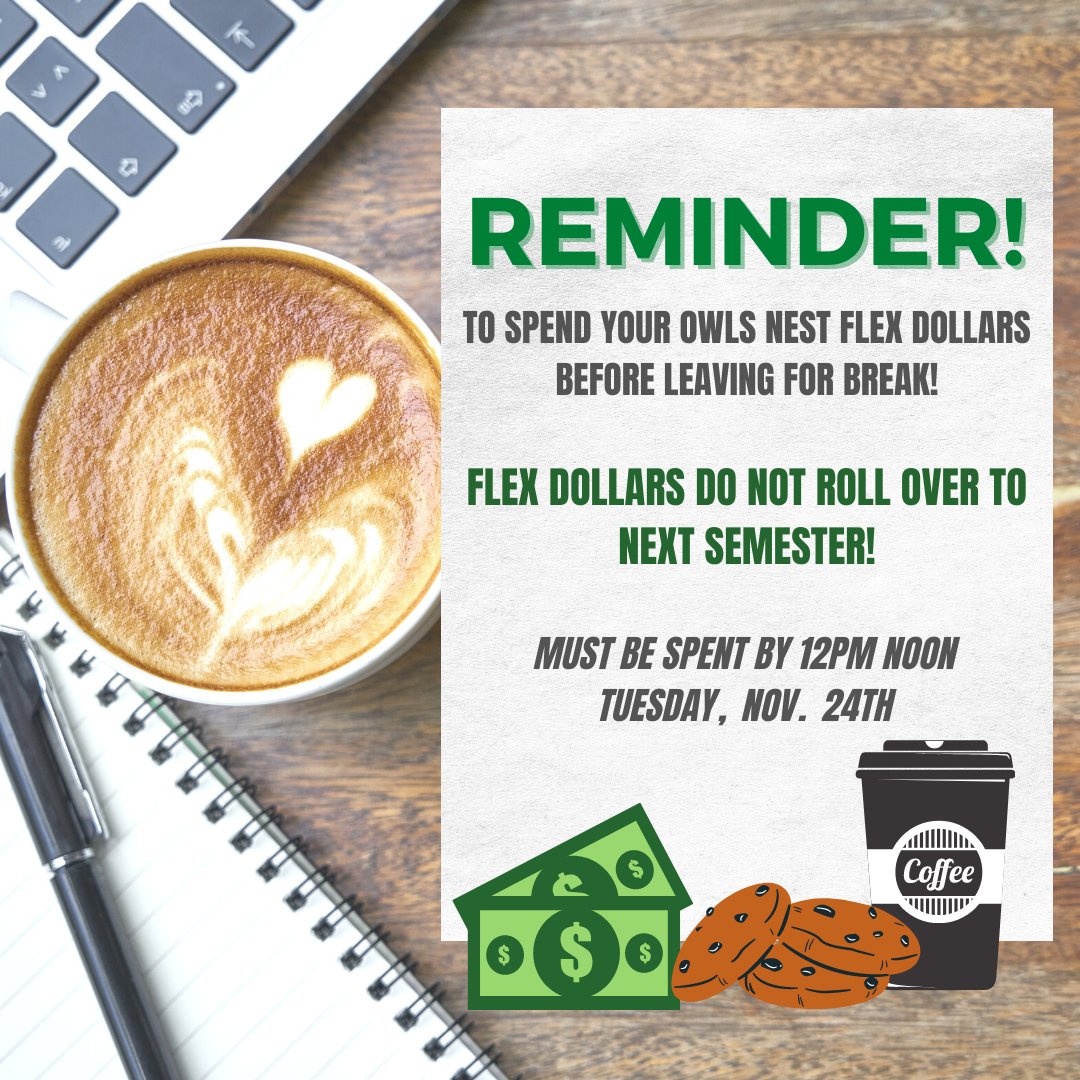 WilliamWoodsU's tweet photo. As you finish up your #finalweek of #fallsemester2020 at #WilliamWoodsUniversity, remember to spend your #OwlsNest flex dollars! Have a wonderful #winterbreak!
Promo by @AliciaEngelbre5 '22 https://t.co/wvpvyeuczr