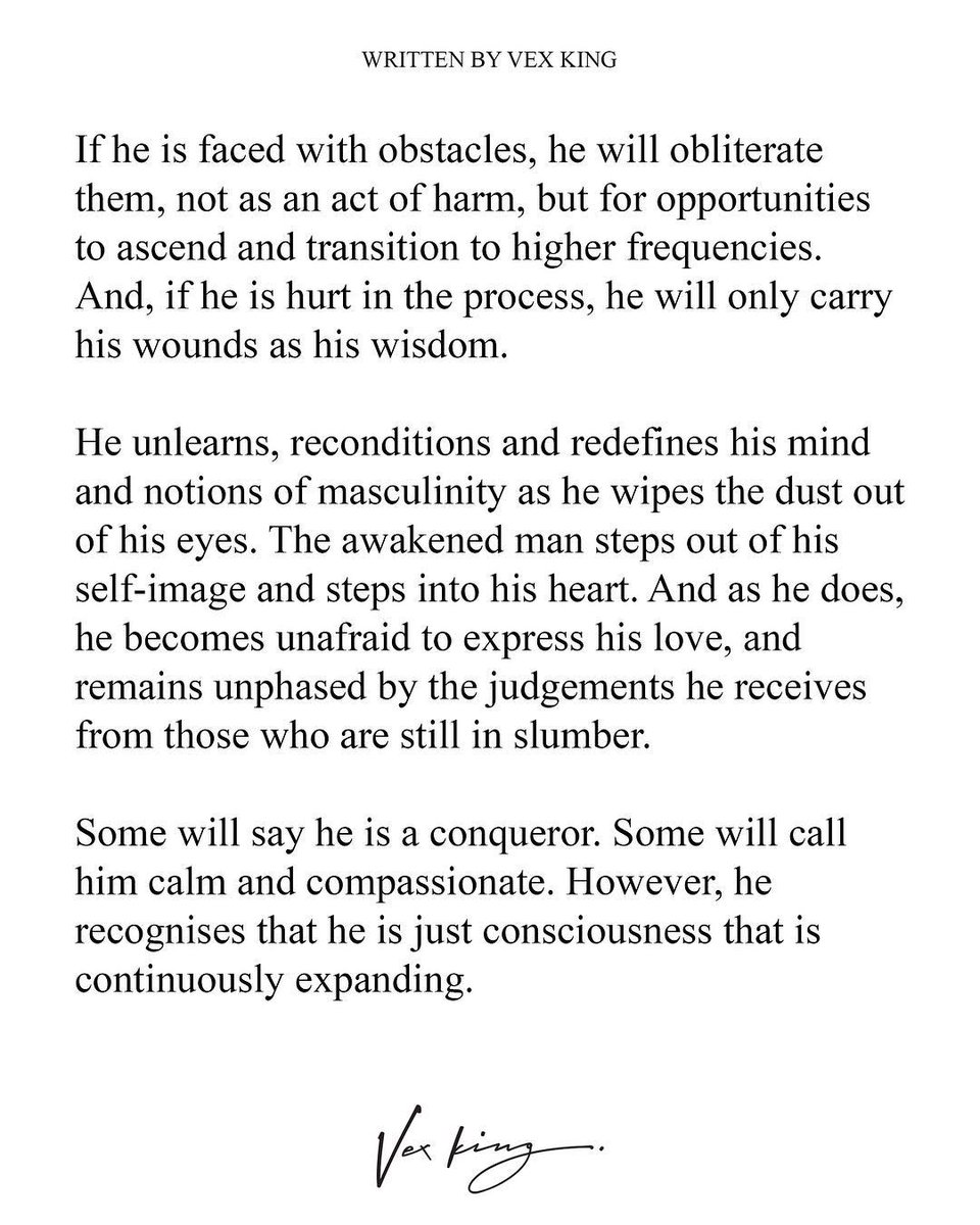 VexKing's tweet photo. An awakened man has the spirit of a warrior, but he's warm-hearted. He will not use his masculine energy to dominate, degrade or destroy women by undermining them. Consciously aware men don't use their ego to create a divide in the world; they desire oneness #InternationalMensDay https://t.co/udljLnhjc6