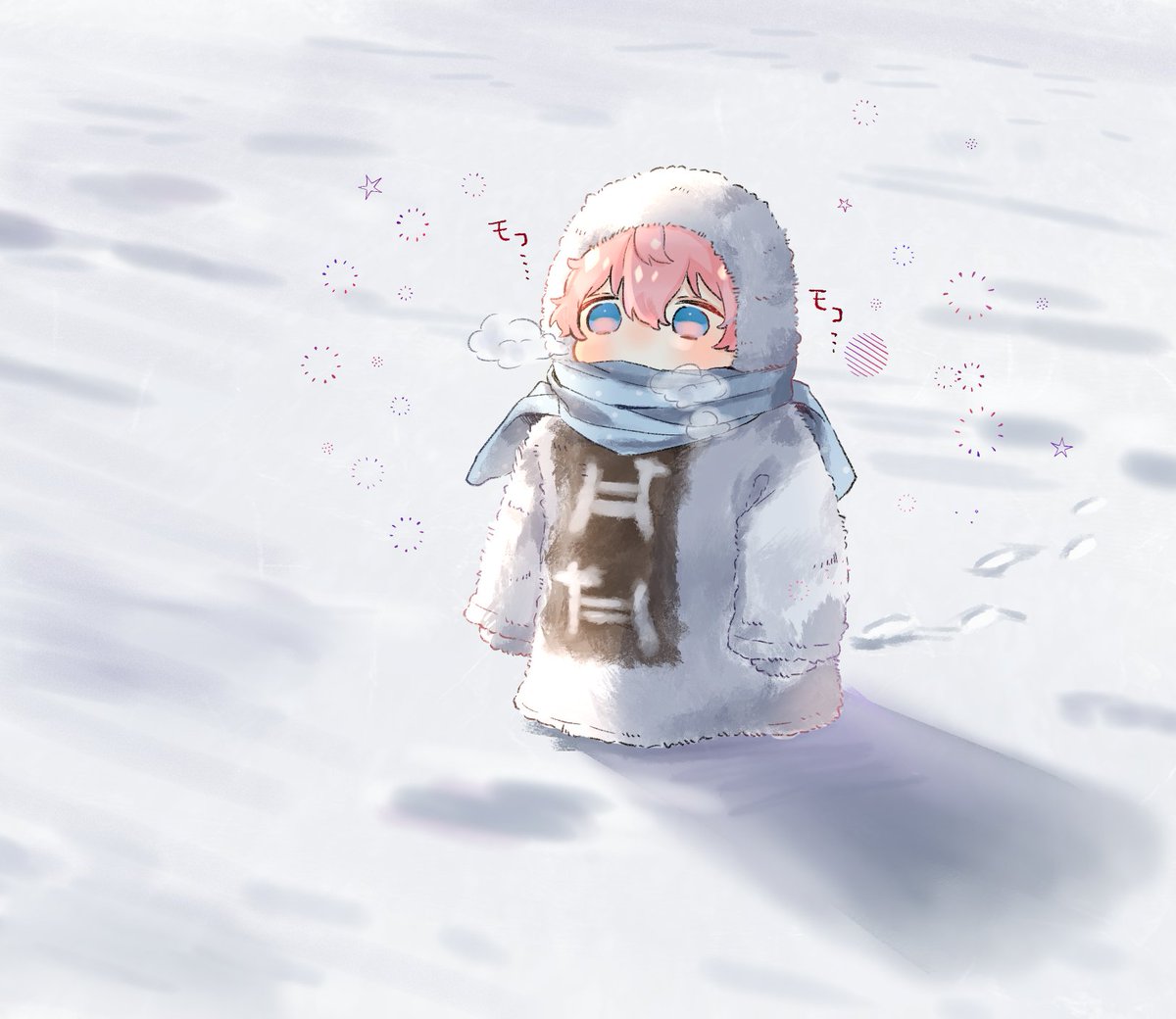 solo pink hair scarf snow blue eyes hood cold  illustration images