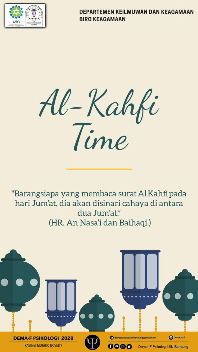 demafpsiuinbdg's tweet photo. [Departemen Keilmuan dan Keagamaan | Biro Keagamaan | DEMA-F Psikologi 2020]

Halo warga psikologi. Tak terasa kita sudah memasuki hari jumat, saatnya membaca surat al kahfi
Yuk mulai mengamalkan sunnah Nabi

#DEMAFPSIKOLOGI #MutatioNovelty #BiroKominfo https://t.co/aN0CyF5hZW