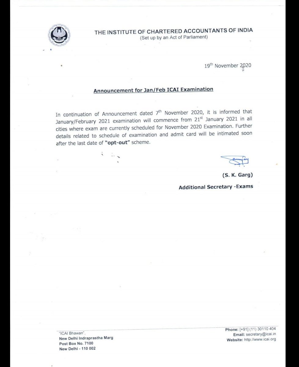 CharviMehta7's tweet photo. After So many of notification, Finally S.K.Garg is signing an notification.
What scam was that.
@theicai
Do not opt out guys. RT maximum 
Do not opt out. They only want us to opt out thats why this notification came out just before the 1 day of exam. #ICAI_DENIES_EQUALITY https://t.co/emrKf1Leu1