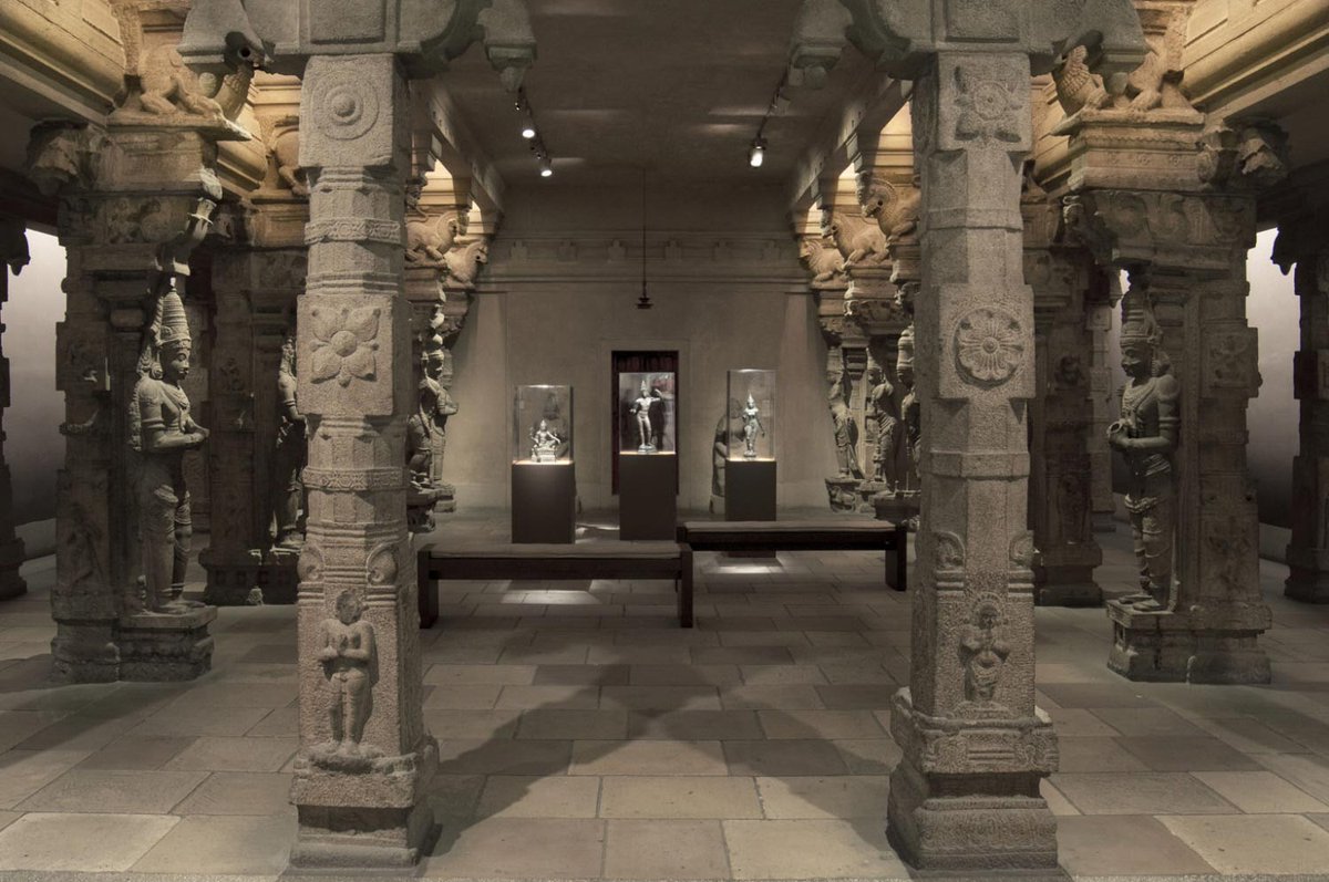 In 1912, when the temple was being renovated by the British, these pillars were sold in an auction by temple authorities to Adeline Gibson, a Philadelphia resident who was on her honeymoon at Madurai. She transported them to the US, and on her death, were donated to PMA in 1919.