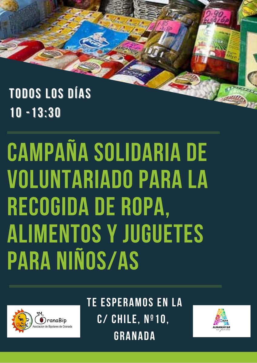 El voluntariado de Granabip Bipolares Granada ha iniciado una CAMPAÑA SOLIDARIA DE RECOGIDA DE ROPA, ALIMENTOS Y JUGUETES para niños y niñas en riesgo de exclusión social.

¡Colabora con nosotros y ayúdanos a ayudar! Estamos en la C/Chile, nº 10, Granada.