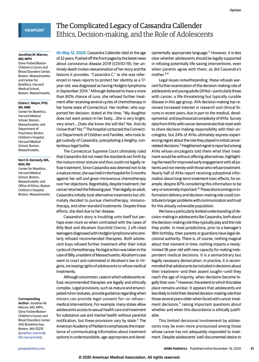 JonMarronMD's tweet photo. Out now, my piece w @kennedy_kerrio &amp; Elaine Meyer of @BostonChildrens @HMSbioethics in @JAMAPediatrics

With the unfortunate death of Cassandra (Cassie) Callender in May 2020, we explore #communication &amp; decision-making, particularly as it relates to #AYA &amp; #ayacsm 

A brief 🧵: https://t.co/AwnDzx2NxZ