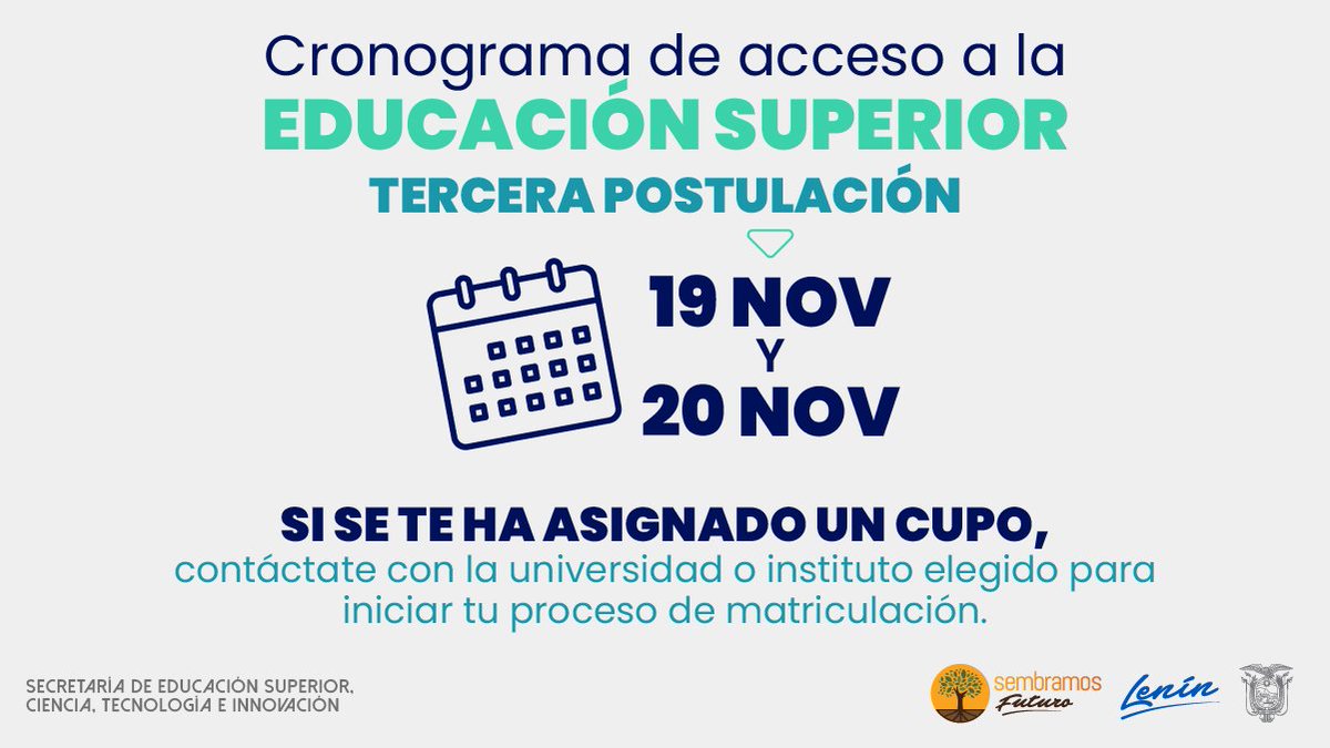 Entre hoy y mañana, los jóvenes que aún no han obtenido un cupo tendrán la oportunidad de aplicar en la última etapa de postulación. Hay 16.212 cupos disponibles y nuestros jóvenes podrán elegir de una a cinco opciones de carrera, ingresando en examenadmision.senescyt.gob.ec