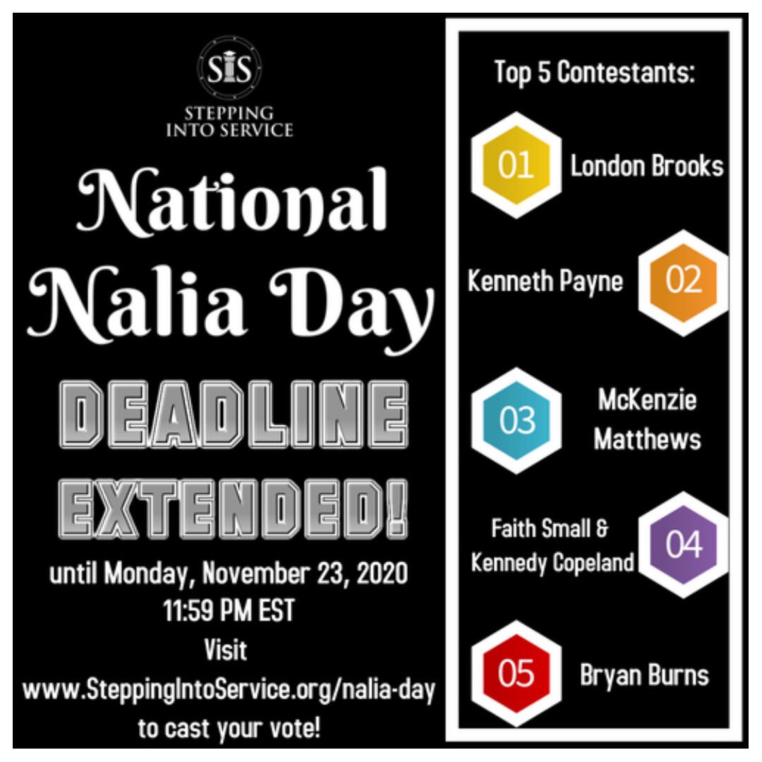 We’ve extended our voting deadline to vote for your favorite Nailia Day Contestant! 

Continue to vote and spread the word to support these young leaders! #steppingintoservice #nationalnaliaday

Visit steppingintoservice.org/nalia-day to vote !