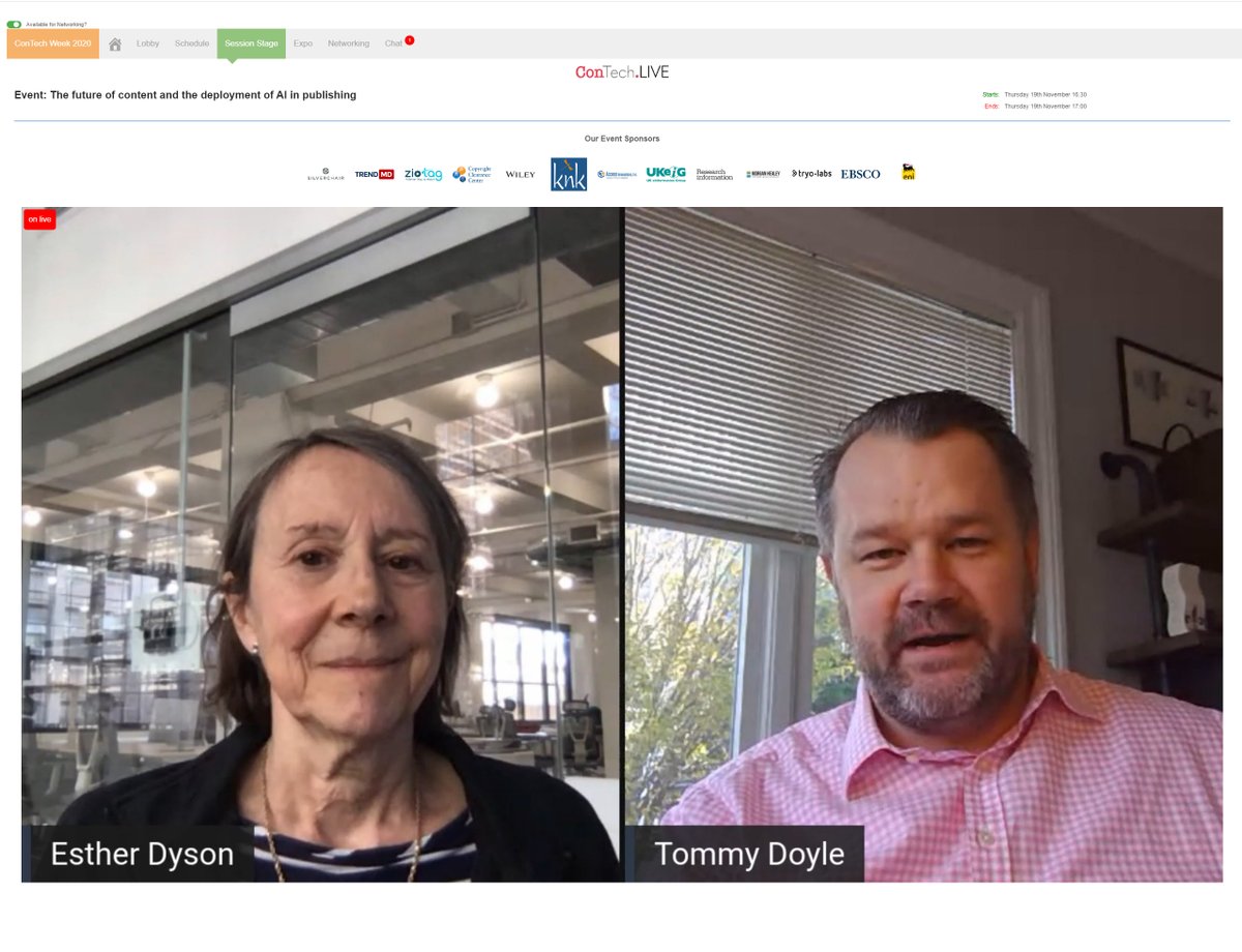 ConTechLive's tweet photo. And finally... it is time to wrap up this incredibly successful event with a last look to the future of content, and the deployment of #AI in our world of publishing, presented by Esther Dyson - introduced by Tommy Doyle
#ConTechWeek
Catch up on the week https://t.co/sSe1ZbyORD https://t.co/XHNRG22Jo0