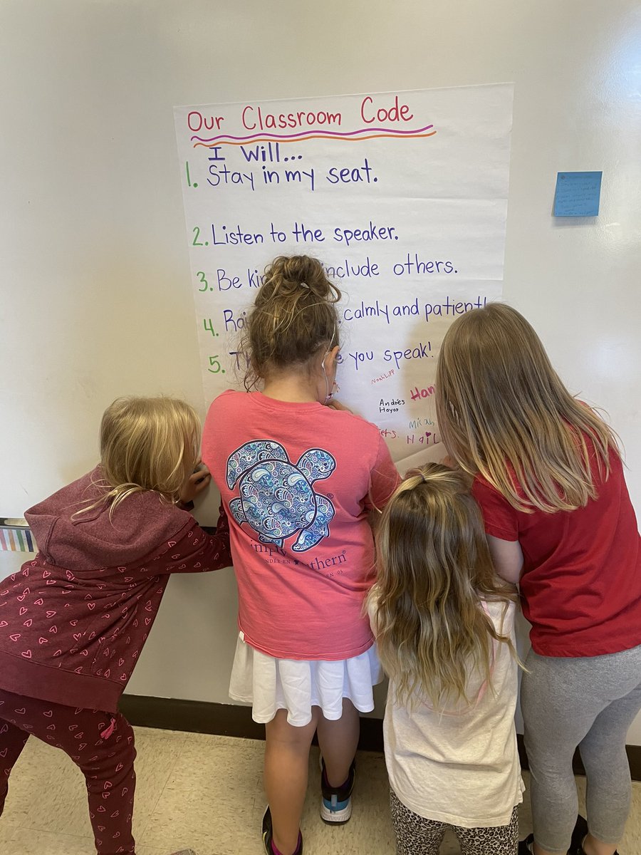 HannahHammer7's tweet photo. Yesterday, we created “Our Classroom Code!” We brainstormed and decided on 5 things we think are the most important to commit to as a classroom family. Then, we all signed it to make it official! It was a great “reset” activity for us. I love these kiddos! 🥰 https://t.co/cELGVL9SZ8