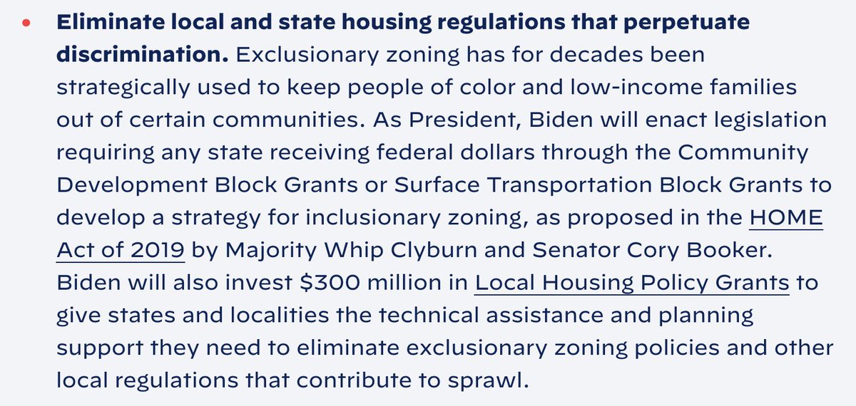 Side note--the Biden plan seems to refer to any reform to exclusionary zoning as "inclusionary zoning." This is confusing bordering on incorrect since IZ has a specific meaning and makes me think there isn't a land use expert involved with the plan:  https://joebiden.com/housing/#&nbsp;