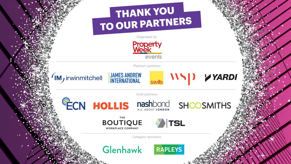 We're super excited for this evening's virtual #PropertyAwards25! Thank you to our event partners <a href="/irwinmitchell/">Irwin Mitchell</a>, <a href="/JamesAndrewJAI/">James Andrew International</a>, <a href="/Savills/">Savills</a>, <a href="/wsp/">WSP</a>, <a href="/Yardi/">YARDI</a>, ECN, @hollis_global,<a href="/NashBondLondon/">Nash Bond</a>, <a href="/Shoosmiths/">Shoosmiths</a>, <a href="/BoutiqueWorkCo/">Boutique Workplace</a>, TSL, <a href="/glenhawkfinance/">Glenhawk</a> &amp; <a href="/RapleysLLP/">Rapleys</a>!
<a href="/PropertyWeek/">Property Week</a>