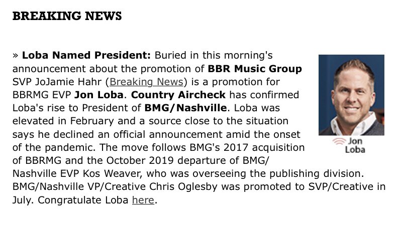 CountryAircheck's tweet photo. ICYMI: @BBRMusicGroup ‘s @JonLoba and @jojamie were both elevated to new executive leadership positions. 

https://t.co/gUXRVPkaS7

https://t.co/7gXJUrY0JZ https://t.co/injbriMuWk