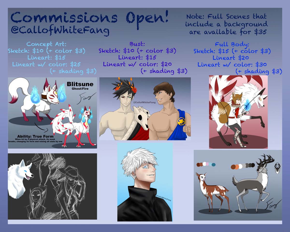 CallofWhiteFang's tweet photo. Hello all, a little announcement for those who come across this, I've updated my Commissions Sheet, I wasn't a fan of how I made the first one, and updated it with better art and readability. DM if you're interested in working with me, and make sure to read Terms and Conditions! https://t.co/oBIkvX9swH