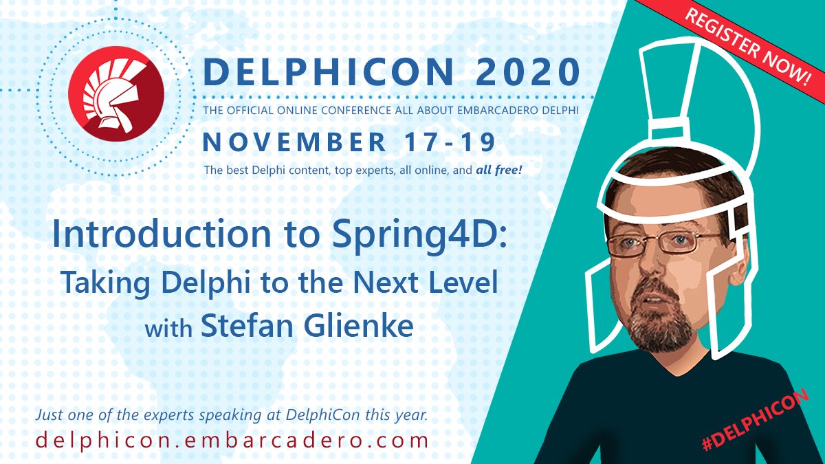 EmbarcaderoTech's tweet photo. Be ready! Our next talk will be about "Introduction to Spring4D - Taking Delphi Development to the Next Level" by Stefan Glienke. Join us in 15 minutes: https://t.co/0TIY667IP3 #DelphiCon https://t.co/QhiPEZWwT9