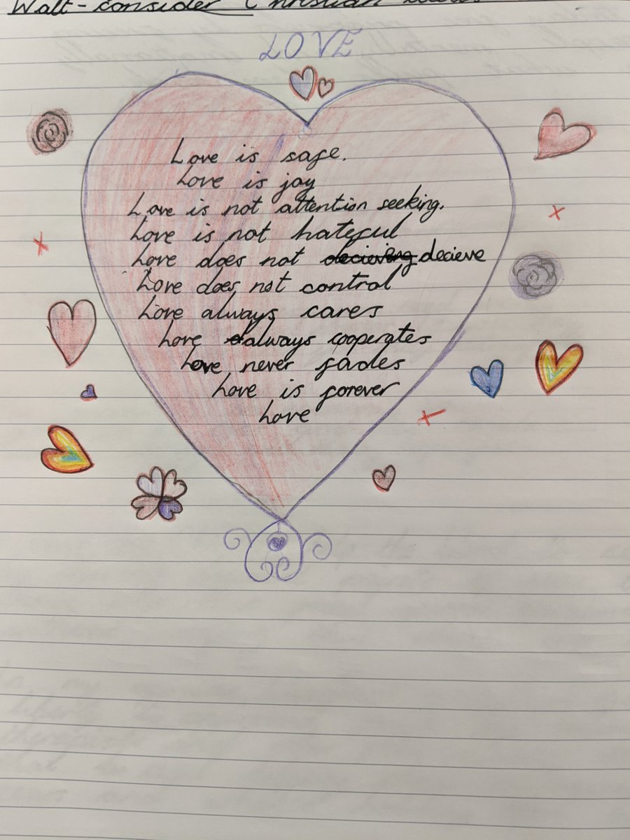 DringhousesPS's tweet photo. Class 10 and Class 11 have been considering Christian ideas about love. We read 'Love is...' from Corinthians and wrote our own poems about it. Everyone shared their mature thoughts in a respectful, eloquent way #ProudtobeDring #DringRE https://t.co/IfO43qkTkP