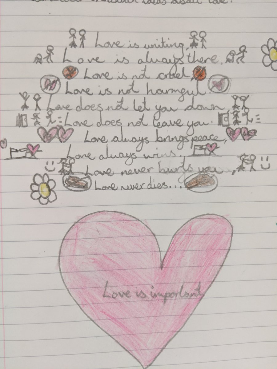 DringhousesPS's tweet photo. Class 10 and Class 11 have been considering Christian ideas about love. We read 'Love is...' from Corinthians and wrote our own poems about it. Everyone shared their mature thoughts in a respectful, eloquent way #ProudtobeDring #DringRE https://t.co/IfO43qkTkP