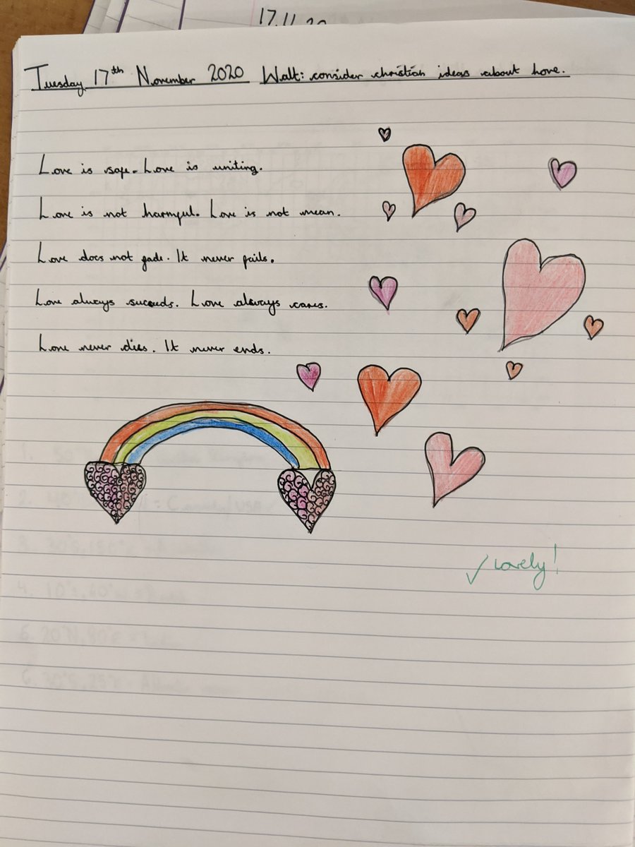 DringhousesPS's tweet photo. Class 10 and Class 11 have been considering Christian ideas about love. We read 'Love is...' from Corinthians and wrote our own poems about it. Everyone shared their mature thoughts in a respectful, eloquent way #ProudtobeDring #DringRE https://t.co/IfO43qkTkP