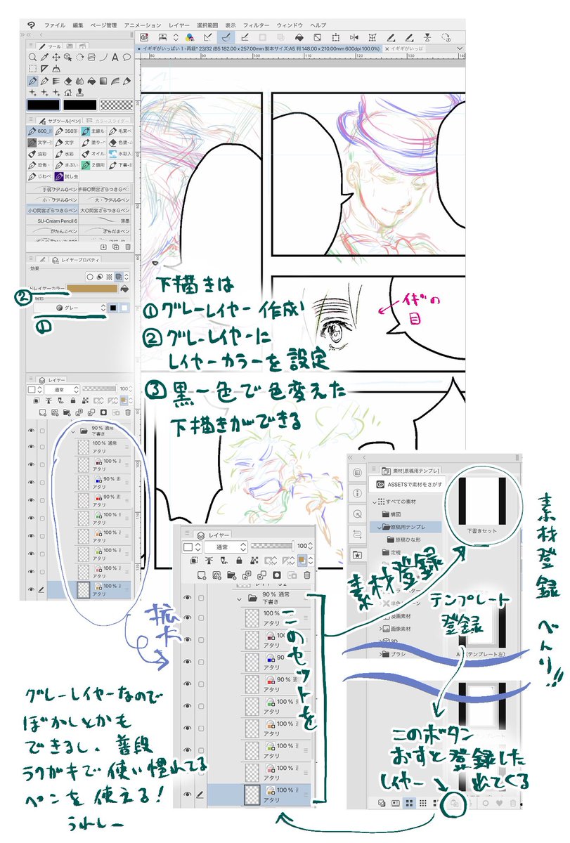 すごく簡単で、下書きフォルダを作成→その中にグレーレイヤーを作成(数はお好み)→それぞれに好きなレイヤーカラーを設定。
これで準備は完了です。
使う色は黒一色⚫️
レイヤーを変えれば自動で色も変わる仕組みです??
薄い色でアタリをザックリとって、形を決める時は濃い色にしたりしてます。 