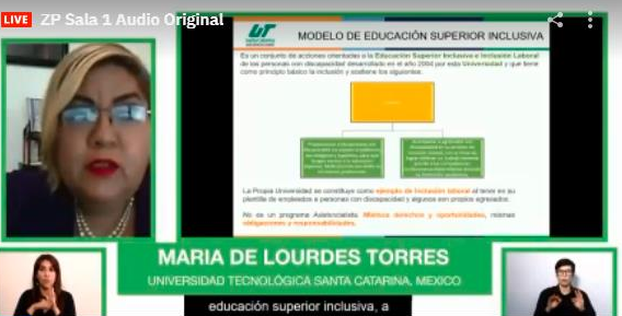 ZeroProjectLat's tweet photo. #MaríaLourdesTorres de @UTSC_edu: “Tenemos 16 años trabajando con educación superior inclusiva a través del programa que busca no sólo la inclusión educacional, sino también laboral, proporcionando todos los apoyos académicos, logísticos, informativos, etc.”. Sala 1 #ZeroCon20 https://t.co/DUXLnurVMh