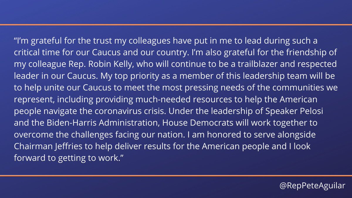 RepPeteAguilar's tweet photo. I'm proud to have been elected Vice Chair of the @HouseDemocrats Caucus! My statement below: https://t.co/zy7IbMPndF
