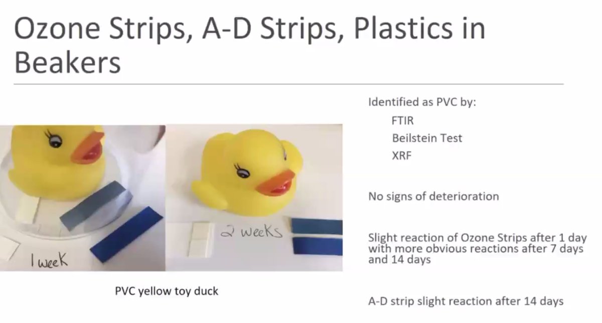 Toys again give themselves heroically to research!  This time to show that ozone strips can be usefully combined with AD strips to monitor PVC degradation.  Thank you to Mary Coughlin at #PlasticsInPeril2020
