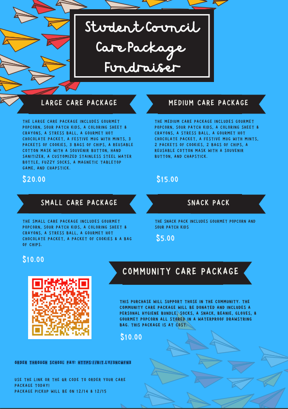 Syfrizzle's tweet photo. Hey People!  Student Council is doing a fundraiser and helping people at the same time.  If you want to join us click the link and check out the Care Package Options!  It could be a Exam Snack Pack or Community Care pack that interests you.  @AllenHS_Eagles @TheAHS_STUCO https://t.co/XyfqbL99ft