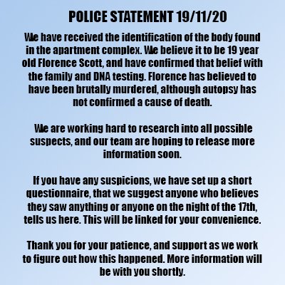 suspectshortfil's tweet photo. BREAKING NEWS: 
Police have identified the body found yesterday as 19 year old Florence Scott. Police statement below.

#suspect #shortfilm #crimedrama #thriller #film #filmmaker #crimeshortfilm #suspectshortfilm #bodyidentified #florencescott #murder #whowouldyouchoose https://t.co/Y5yt19yMws
