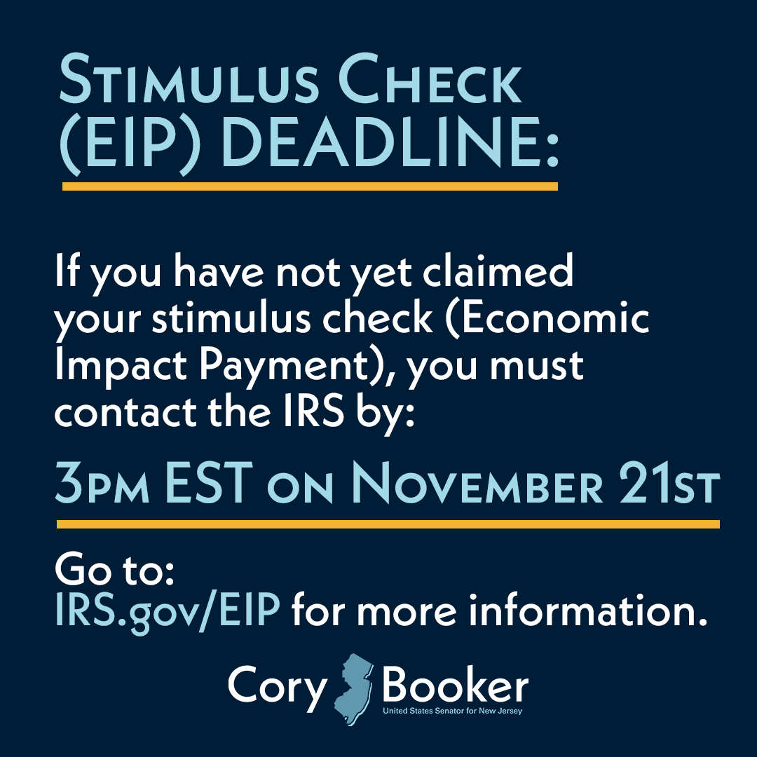 If you haven't received your stimulus check (Economic Impact Payment) make  sure you contact the IRS by the deadline: this Saturday, November 21st at  3pm ET. For more information please visit https://t.co/9CYjhbTv8R