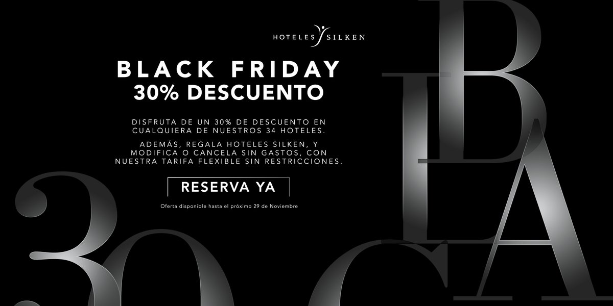 Silken_Hoteles's tweet photo. ¿Preparados para el Black Friday? 💸 En #HotelesSilken no podíamos esperar para celebrarlo. Aprovecha ya y reserva tu estancia en cualquiera de nuestros hoteles con un 30% de descuento, ¡te esperamos! 🤩#ExperienciaSilken https://t.co/VFy3SMJCSC
