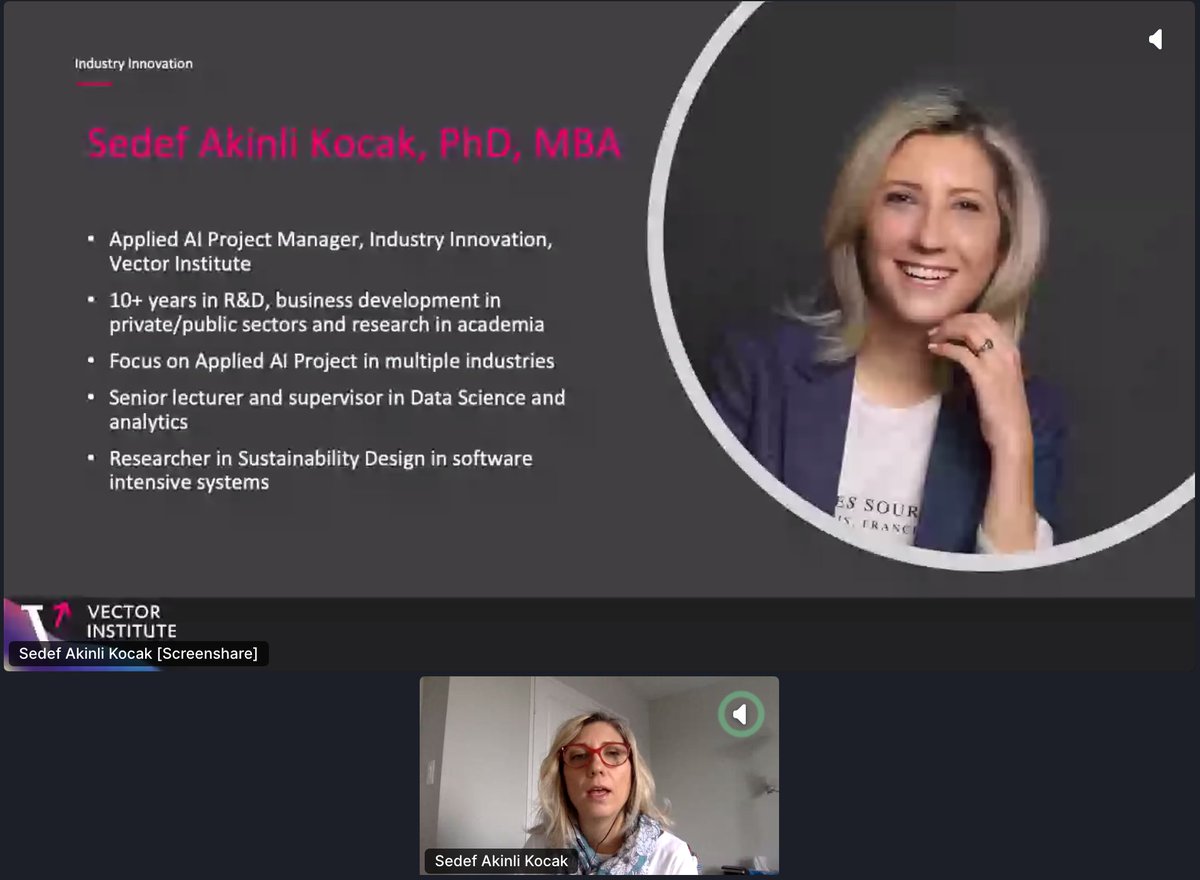 TMLS_TO's tweet image. It was a pleasure to be joined by @sedak99,  Project Manager at Applied AI Project, @VectorInst!

Sedef spoke about the importance of &quot;Harnessing the Power of NLP: A Vector Institute Industry Collaborative Project&quot;.

#TMLS2020