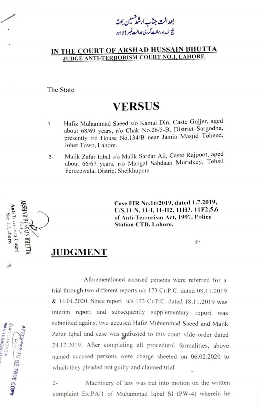 Sidhant Sibal The State Vs Hafiz Saeed Order Sentence T Co 2vdx3fvug7