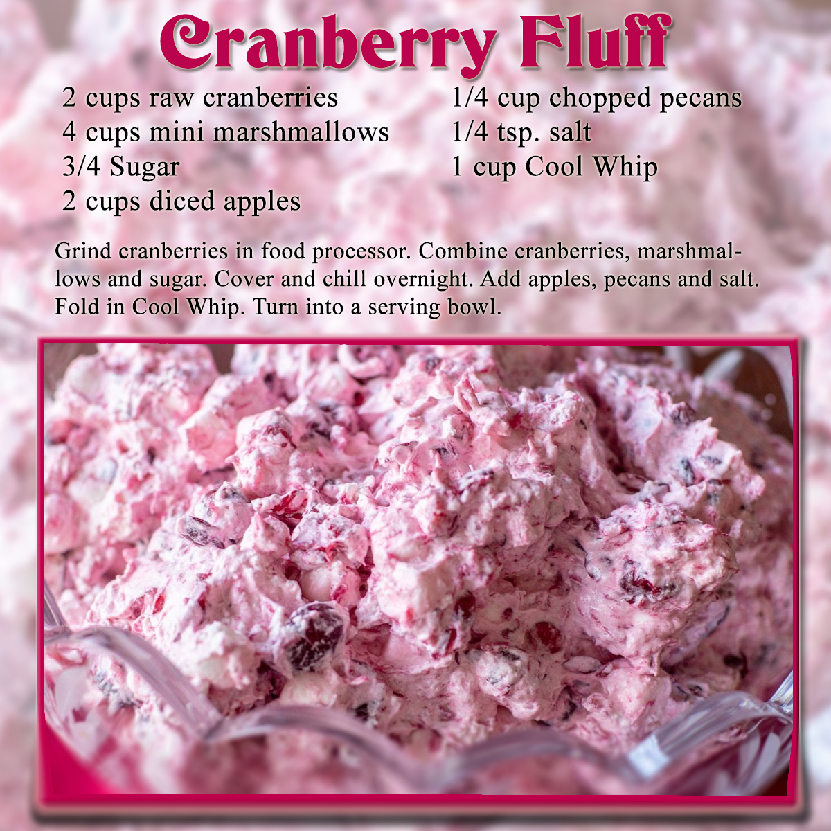 FunFotosToGo's tweet photo. In preparation for Thanksgiving here's the ONE thing that has to be on the table for me. Cranberry fluff. It's been a staple of our holiday meals for as long as I can recall. And it's delicious. Posting it a week before Thanksgiving to put it out there before you shop! https://t.co/JUqamaoHV7