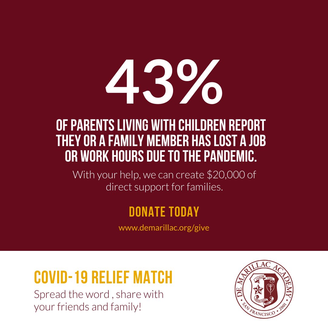 De Marillac Academy (@demarillacsf) on Twitter photo Together, we can create $20,000 of direct support for our families! Your donation will provide rent assistance and food security among other things. Make a gift towards our "COVID-19 Relief Match" 💕
 demarillac.org/give 
#demarillacacademy #givingtuesdaynow #GivingTuesday Together, we can create $20,000 of direct support for our families! Your donation will provide rent assistance and food security among other things. Make a gift towards our "COVID-19 Relief Match" 💕
 demarillac.org/give 
#demarillacacademy #givingtuesdaynow #GivingTuesday