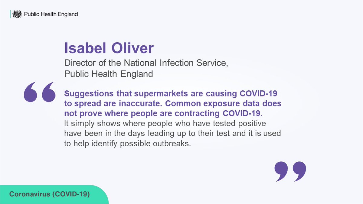 UKHSA's tweet image. Isabel Oliver, Director of the National Infection Service at Public Health England, addresses inaccuracies that supermarkets are causing #COVID19 to spread: