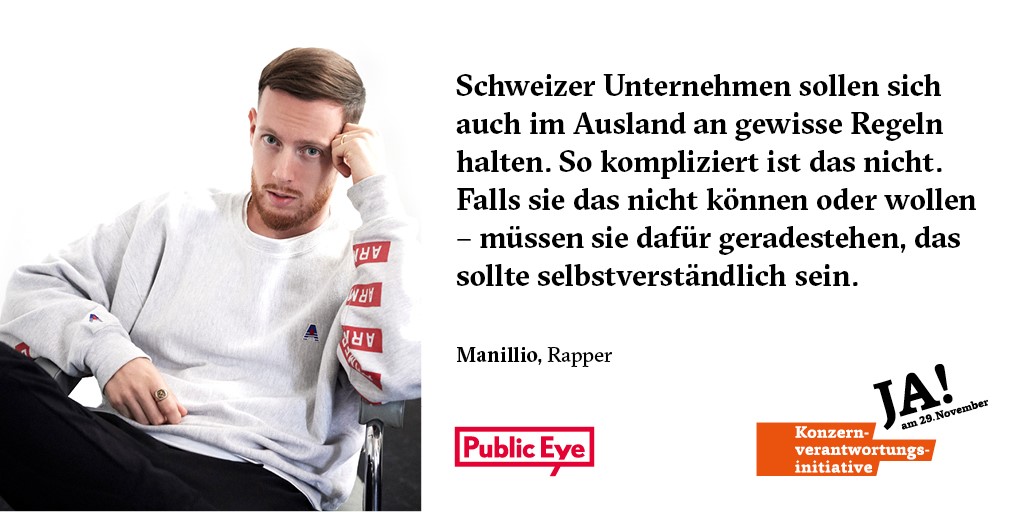 publiceye_ch's tweet photo. Rapper @Manillio sagt JA zur @konzern_vi am 29.11.!
Jetzt abstimmen &amp; mit uns für ein JA an der Urne engagieren: https://t.co/sqrTsaPb0Y
#Konzernverantwortung #KVI https://t.co/JnLZruj9zl