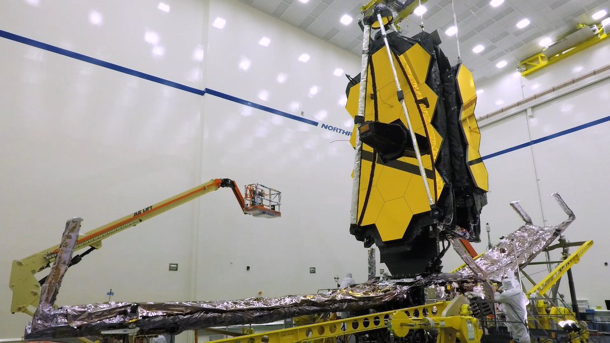 Screen still of the James Webb Space Telescope undergoing tower deployment testing. Credit: NASA Goddard/Michael McClare