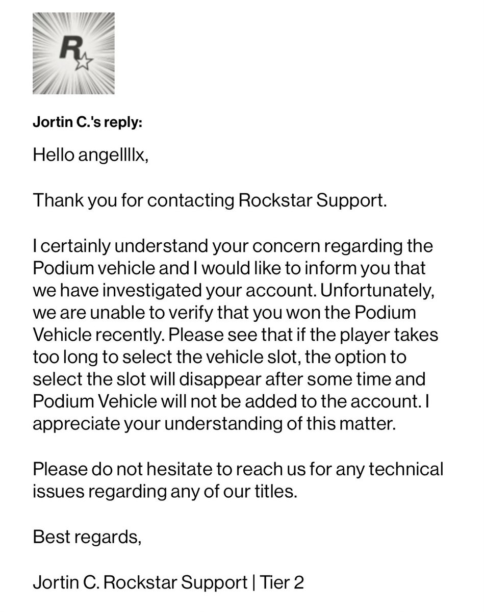 _angelllxo's tweet photo. @RockstarSupport Update;
A complete waste of time tbh. It’s taken your support 3 days to tell me “LOL sorry you took too long, you win nothing” 🥴 I have provided evidence I won it but oookay?
#GTAOnline #RockstarGames https://t.co/4NXrGzBjbq