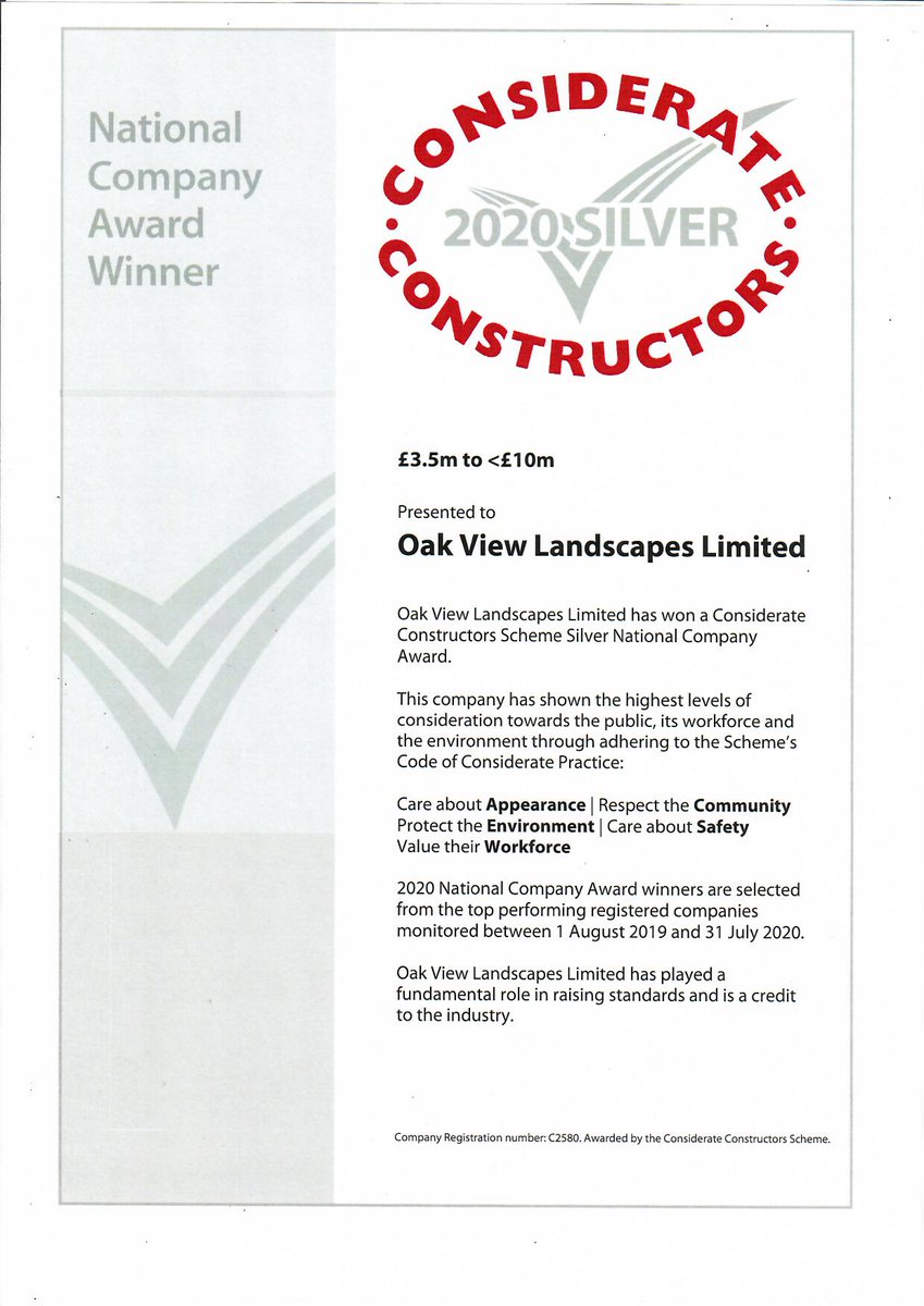 Oak View Landscapes (@oakviewlandscap) on Twitter photo Considerate Constructors Silver Award 2020
Delighted to have received this award going up a level from bronze in a most challenging year <a href="/CCScheme/">Considerate Constructors Scheme</a> Considerate Constructors Silver Award 2020
Delighted to have received this award going up a level from bronze in a most challenging year <a href="/CCScheme/">Considerate Constructors Scheme</a>