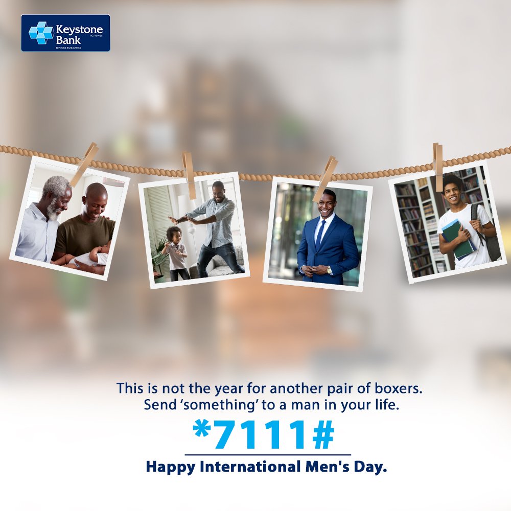 keystonebankng's tweet photo. Yes, our men deserve more than just boxers.
#UseKeystone7111 to send them 'something'.
#InternationalMensDay2020 #MobileBankingWithKeystone https://t.co/PEiVqC9sAz