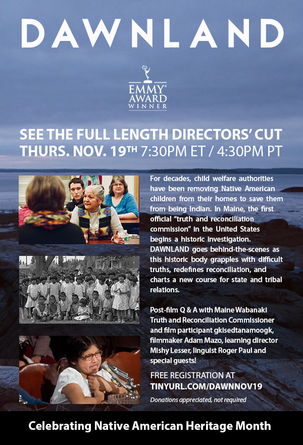 AdamMMazo's tweet photo. 1 hour from now! 730p ET / 430p PT  Special Screening
86-min directors' cut @DawnlandMovie

Q&amp;A w @AdamMMazo @MishyLesser @ClaudiaFoxTree (Arawak/Yurumein), + TRC commissioner gkisedtanamoogk (Mashpee Wampanoag) 
Join free: https://t.co/5FOw5ZVEwh #DawnlandMovie #Thanksgiving https://t.co/mcnzZLsFQA