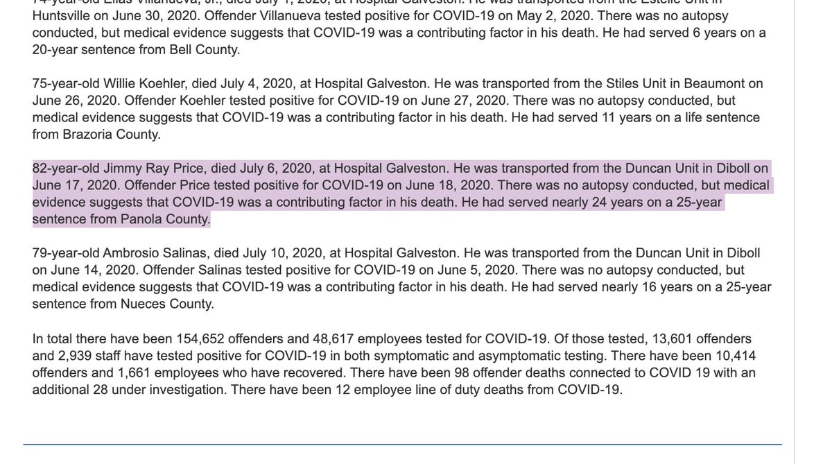 For example, here’s the death notice they posted about Jimmy Ray Price on July 23. He tested positive in June and died a little over two weeks later. TDCJ told the OAG in the in-custody death report that the medical cause of death was “COVID-19 pneumonia.”