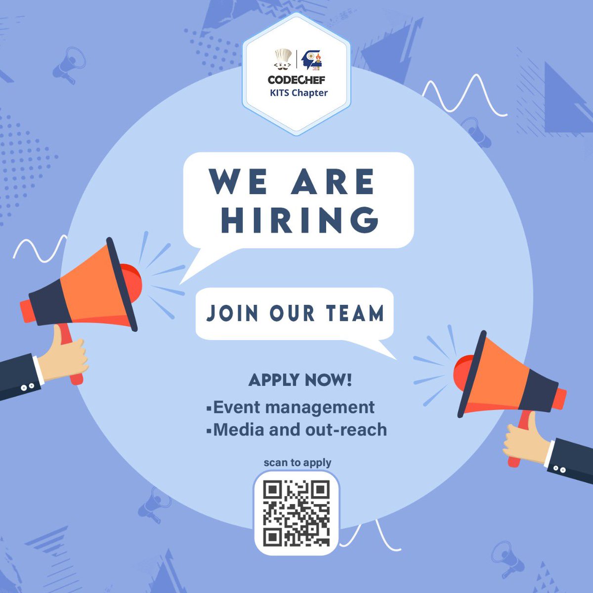 CodechefK's tweet image. Greetings from the CodeChef KITS team!
We are excited to announce that the CodeChef KITS chapter is recruiting members for its Executive Team.
Form: bit.ly/CC_KITS_Execut…