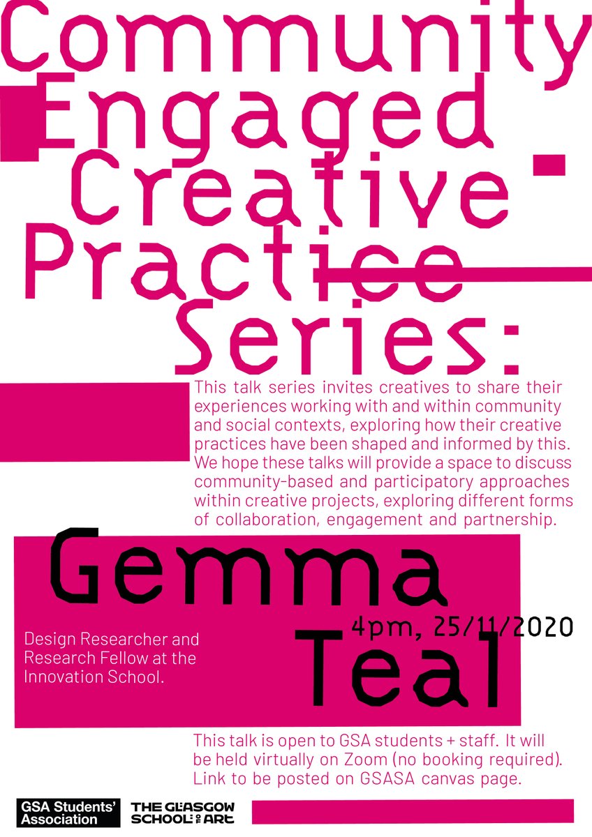 Community Engaged Creative Practices Series:

Next up we have Gemma Teal from <a href="/Innovation_Sch/">GSA School of Innovation and Technology</a> sharing her work as a design researcher in health and wellbeing contexts. Join us on Weds 25th at 4pm!

Link for info and event link - tinyurl.com/y2l2ojaq

<a href="/GSofA/">The Glasgow School of Art</a> @GSA_StuAssoc
